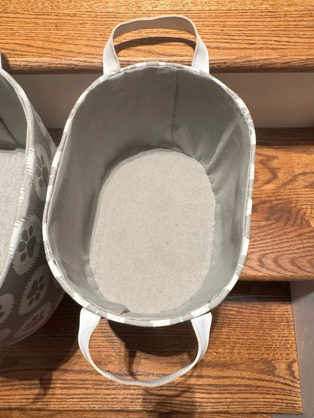 Set of gray & white paw print canvas storage baskets with white leather handles